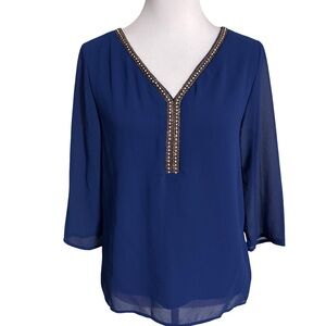 Francesca's Collections Navy V Neck Embellished Blouse